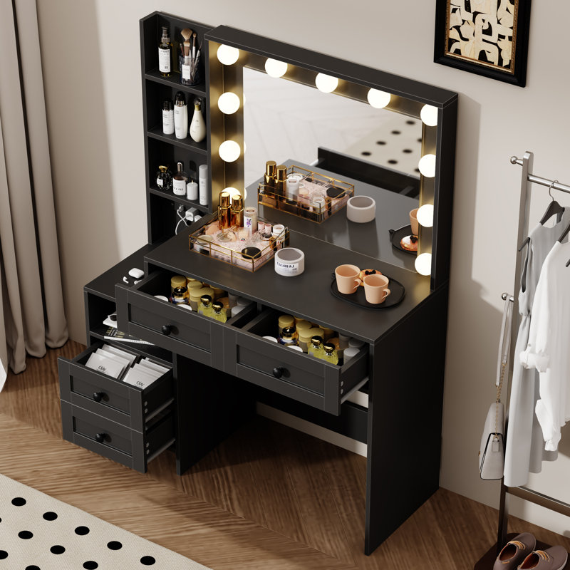 Makeup Vanity With Built-In Outlets And Lighted Mirror, Black