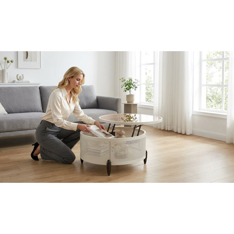  Lift Top Coffee Table, Adjustable Height Lift Table for Living Room, Sturdy Metal Frame, Easy Lift Mechanism, White