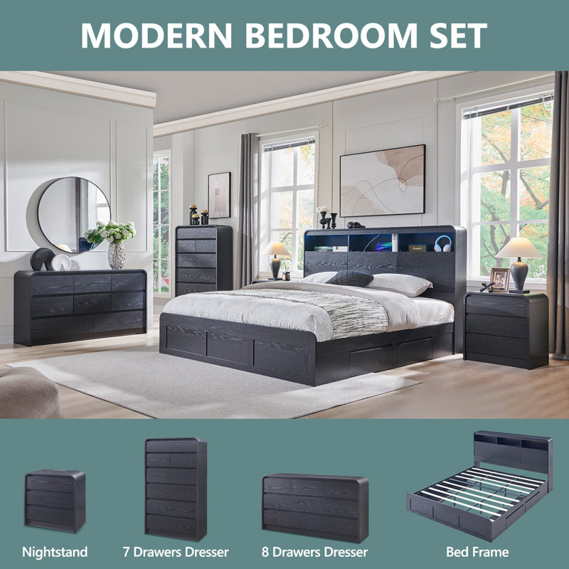 25" Tall Modern End Table with 3 Storage Drawers,23.6" Wide Wood Side Table w/Charging Station, Black, 1