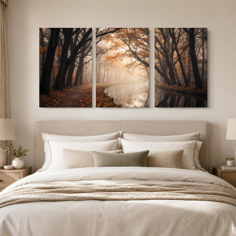 «Autumn Forest Path with Misty Canal», ensemble de 3 toiles murales, 36"H x 24"W x 3pcs