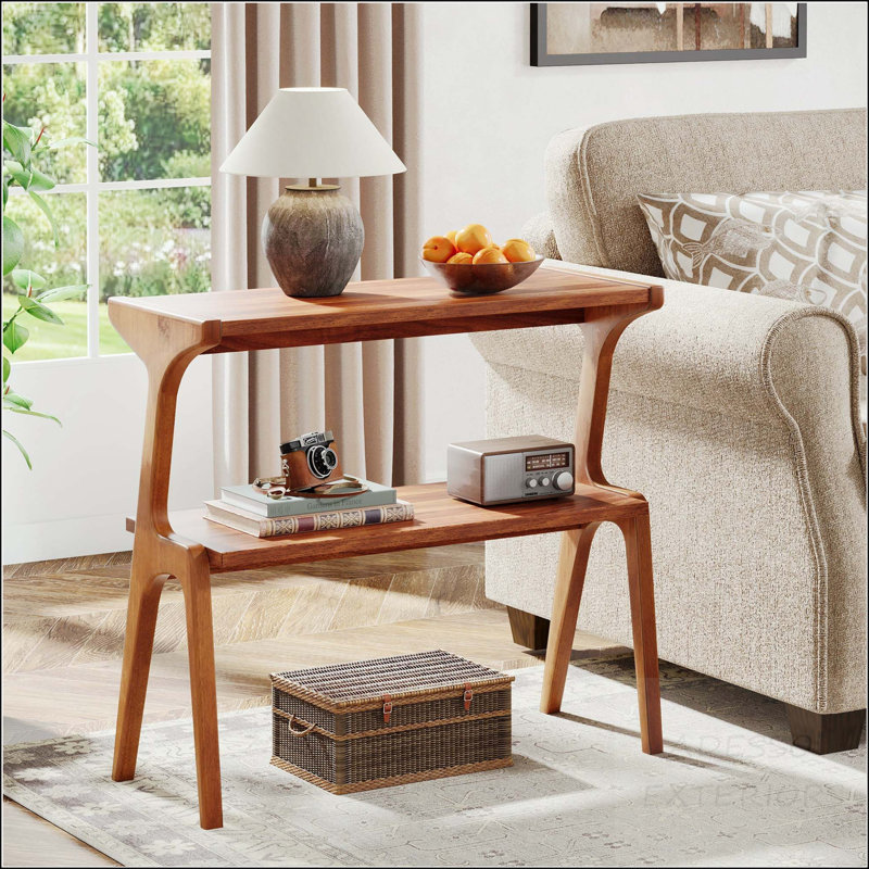 Solid Wood 2-Tier End Table with Curved Design