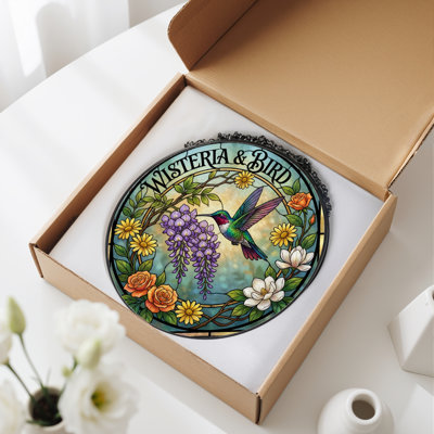 Wisteria Bird Stained Glass Window Panel