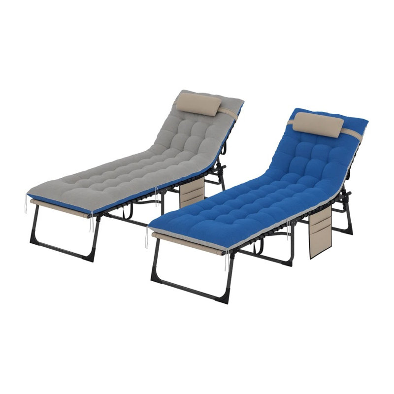 Set of 2 Adjustable Folding Outdoor Chaise Lounge Chairs with 5-Position Backrest, Blue and Gray Mesh Pool Loungers