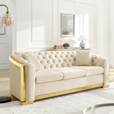 84" Bessemer Button Tufted Luxury Sofa With Gold Stainless Steel Decoration, Mid Century Modern Chesterfield Couch For Living Room With 2 Pillows