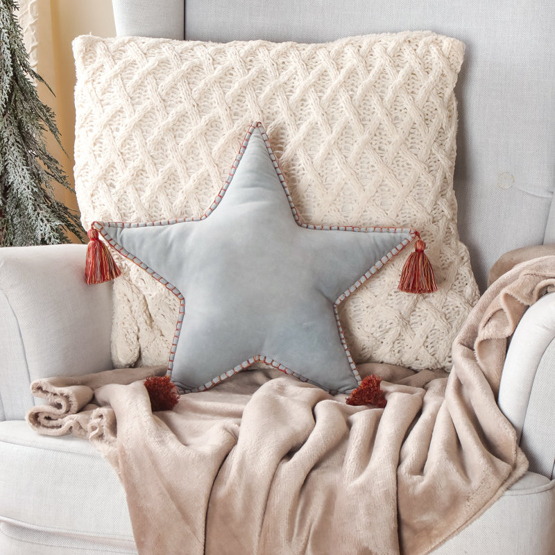 Light Blue Star Shaped Pillow with Red Tassels