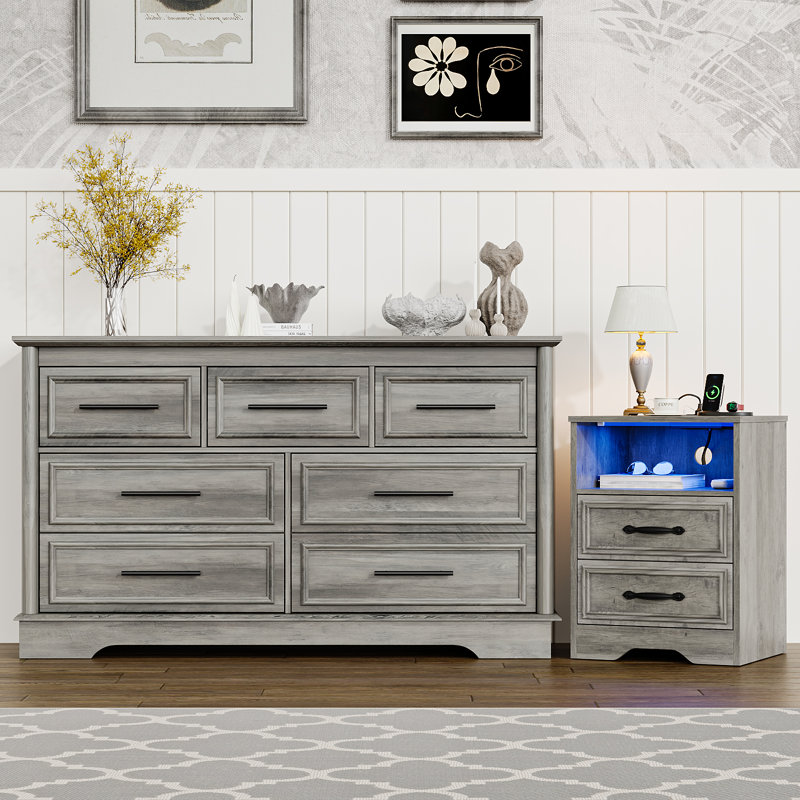 2 Piece Bedroom Dresser Set - 7 Drawer Dresser And One 2 Drawer Nightstands With Charging Station,Gray Wash
