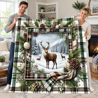 Couverture d'hiver douillette (1 pièce) à motif cerf, scène festive de forêt avec pommes de pin et bordure à carreaux, jeté en flanelle, douce et chaude pour canapé, lit, salon, décoration intérieure, cadeau toutes saisons