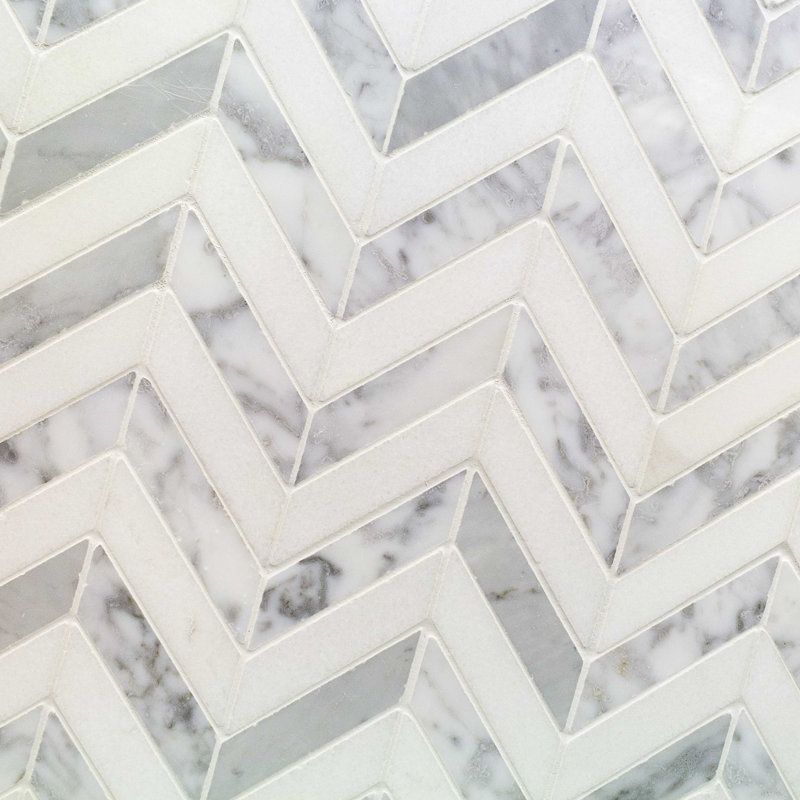 Talon 1x4 Chevron Polished Marble Mosaic Tile, Carrara/Thassos