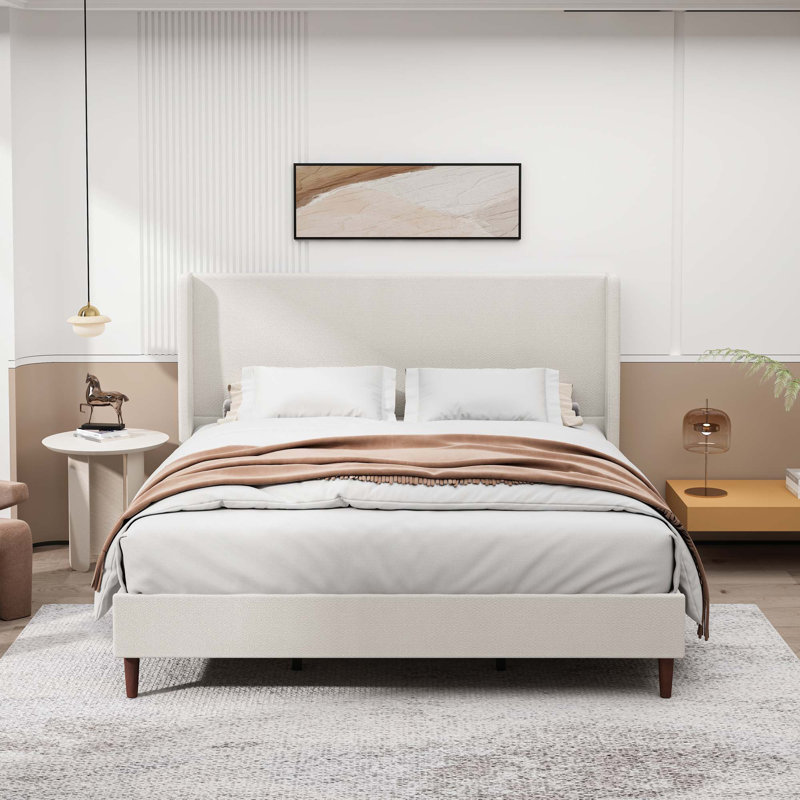 Chenille Cloth High Headboard Platform Bed, King, Beige