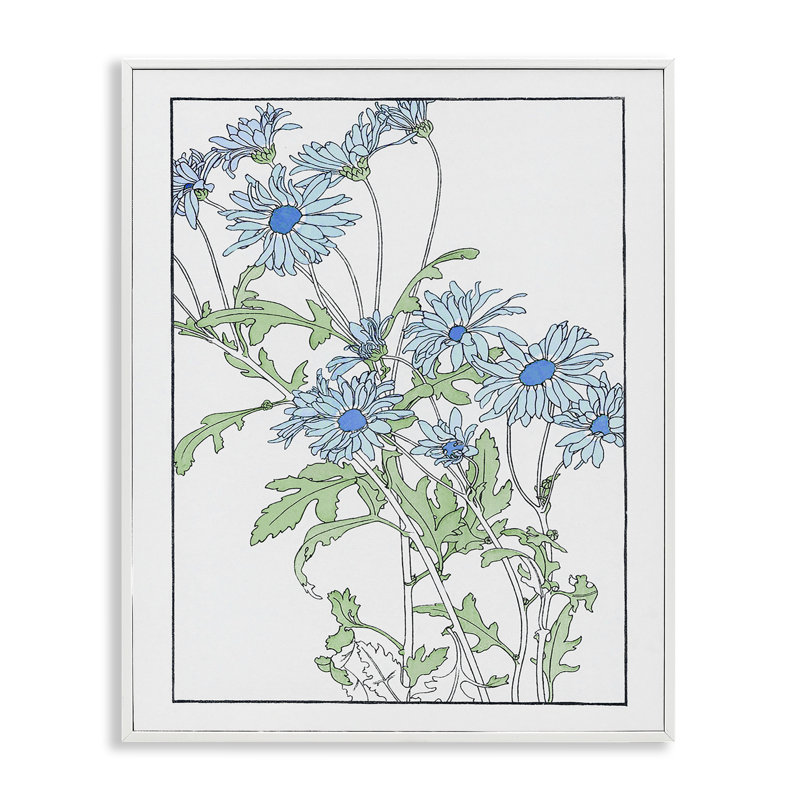«Blue Daisies», dessin par CAD Designs, H 30 po x l 24 po, Giclée encadrée blanc bord de mer