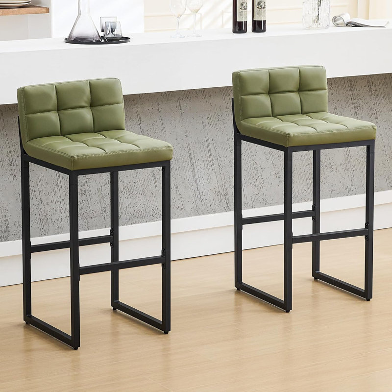 Tabouret de bar rembourré à dossier bas avec structure en métal épaissie pour îlot de cuisine, 2, Vert