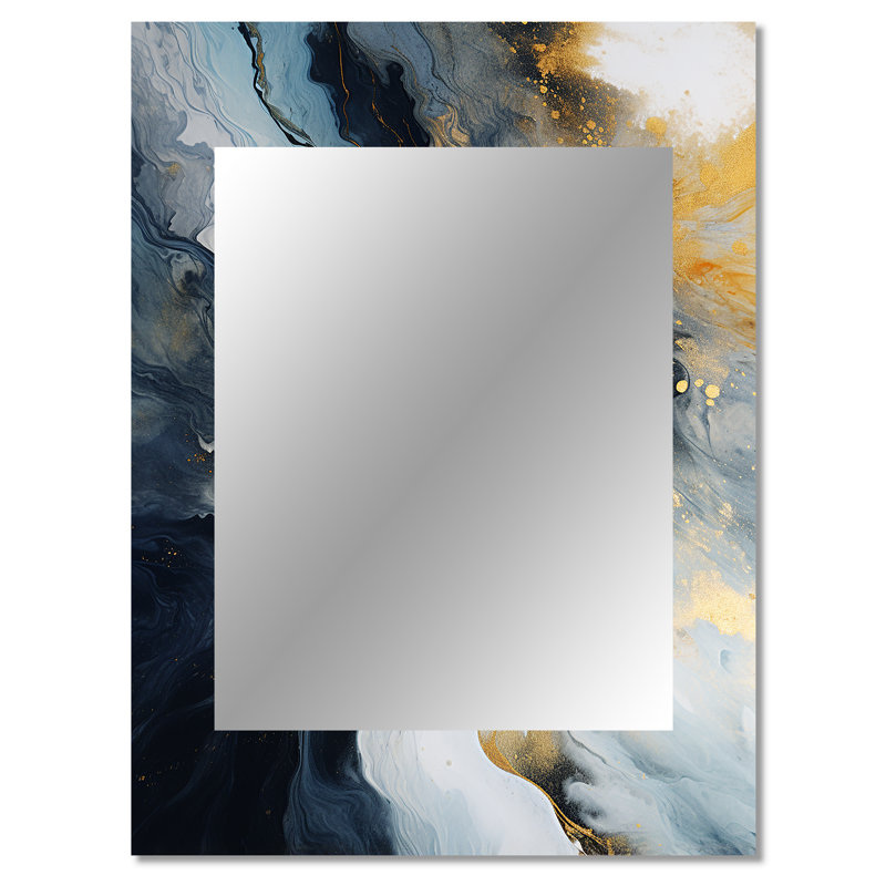 Or et bleu, peinture abstraite en marbre III - miroir en marbre, miroir mural moderne unique, impression d'art en métal