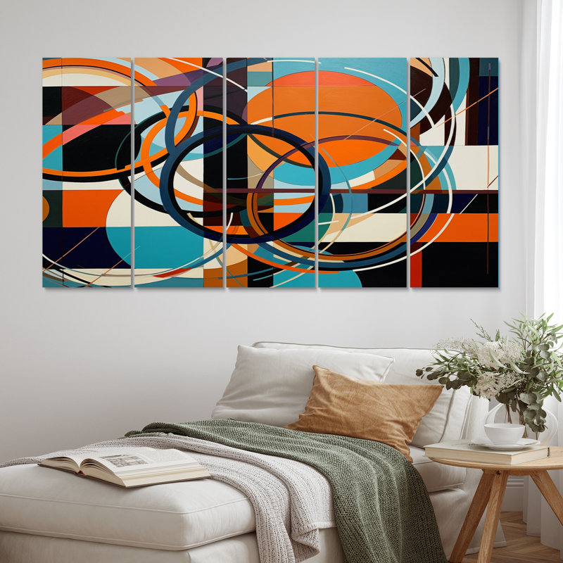 Blue Orange Geometry Unleashed - Abstract Shapes Canvas Print - 5 Equal Panels