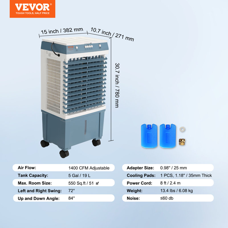 Refroidisseur par évaporation intérieur et extérieur VEVOR 1400 pieds cubes par minute PCM