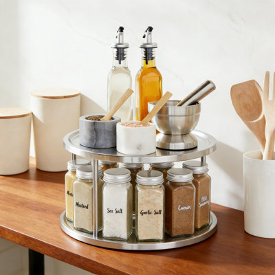 Étagère à épices à 2 niveaux - Plateau tournant en acier inoxydable pour armoires de cuisine et comptoir - Garde-manger compact et solution de rangement pour assaisonnements