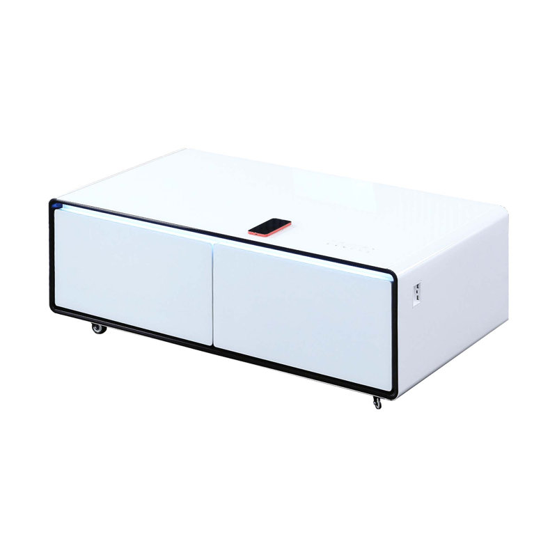 Réfrigérateur Smart Table, table basse multifonctionnelle, plateau de table et rangement arrière en verre trempé, Blanc/Noir