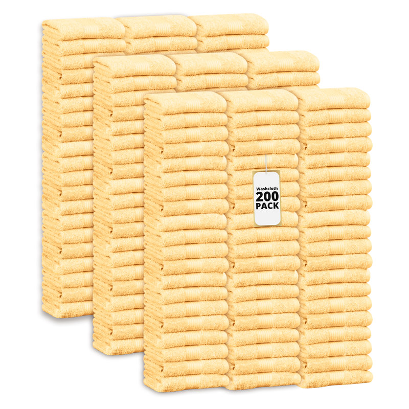 100% Cotton 600 GSM Washcloths 12 X 12 Inch Soft Absorbent, Quick Drying, Yellow, Washcloths- 200 Pack