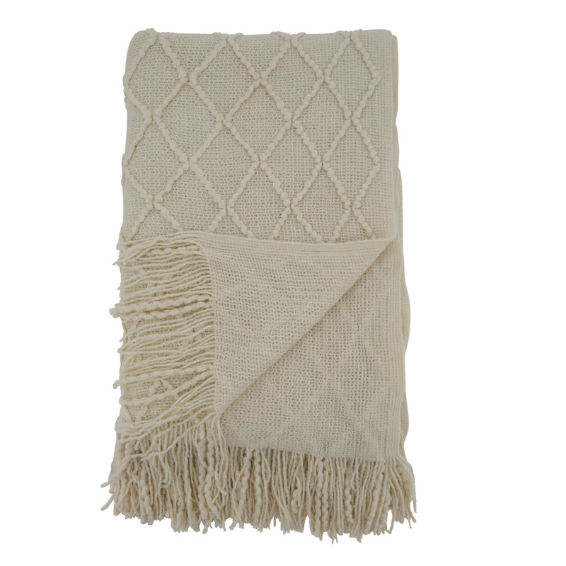 Ivory Cotton Knitted 50"x60" Reversible Throw with Fringed Edges
