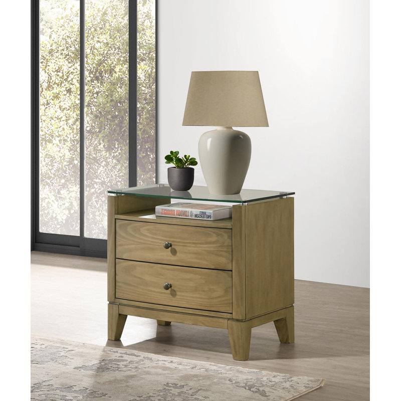 2-Drawer Glass Top Nightstand Natural Pine