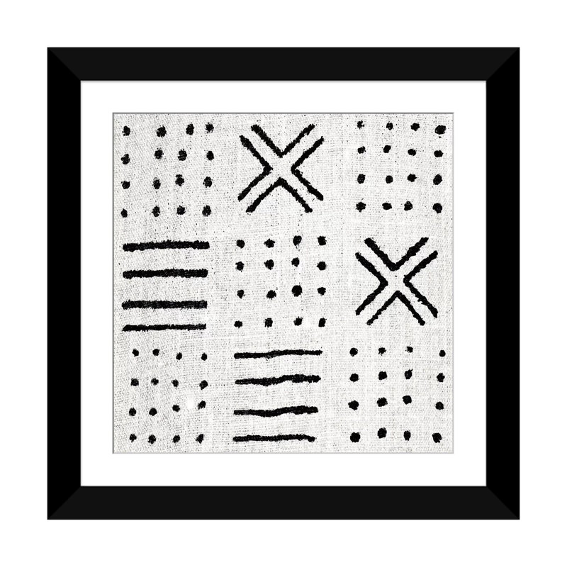 «Mudcloth White Geometric Design II», impression sur toile, H 24 po x l 24 po x P 1 po, Papier beaux-arts encadré noir, Blanc