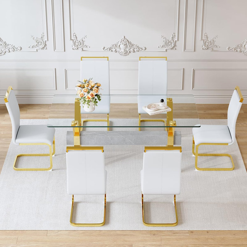 Table de salle à manger 71 "en verre pour 6 personnes, table de salle à manger moderne pour 6 personnes avec chaises en similicuir
