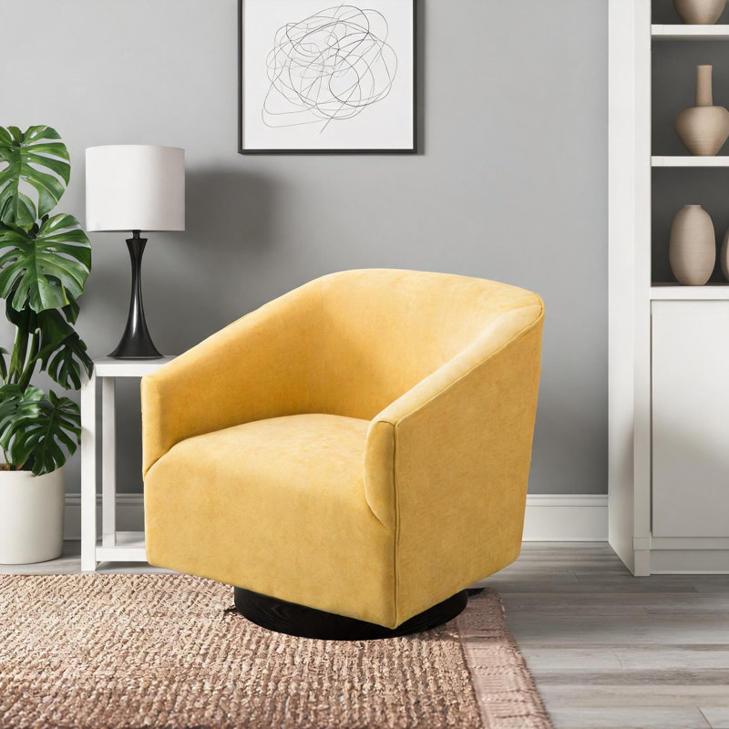 Fauteuil pivotant à dossier arrondi en tissu de polyester pour un style transitionnel de salon, Jaune