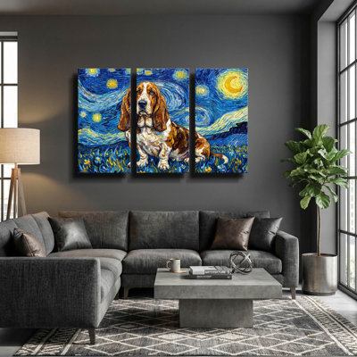 'Basset Hound Starry Night' By Rich Monet Triptych Wall Art, 60" x 40"