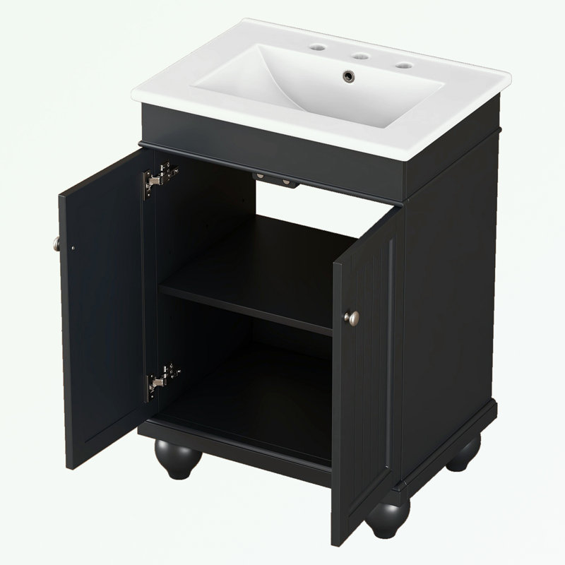 Meuble-lavabo moderne avec lavabo en céramique et tablette réglable, Noir, noir, noir, noir