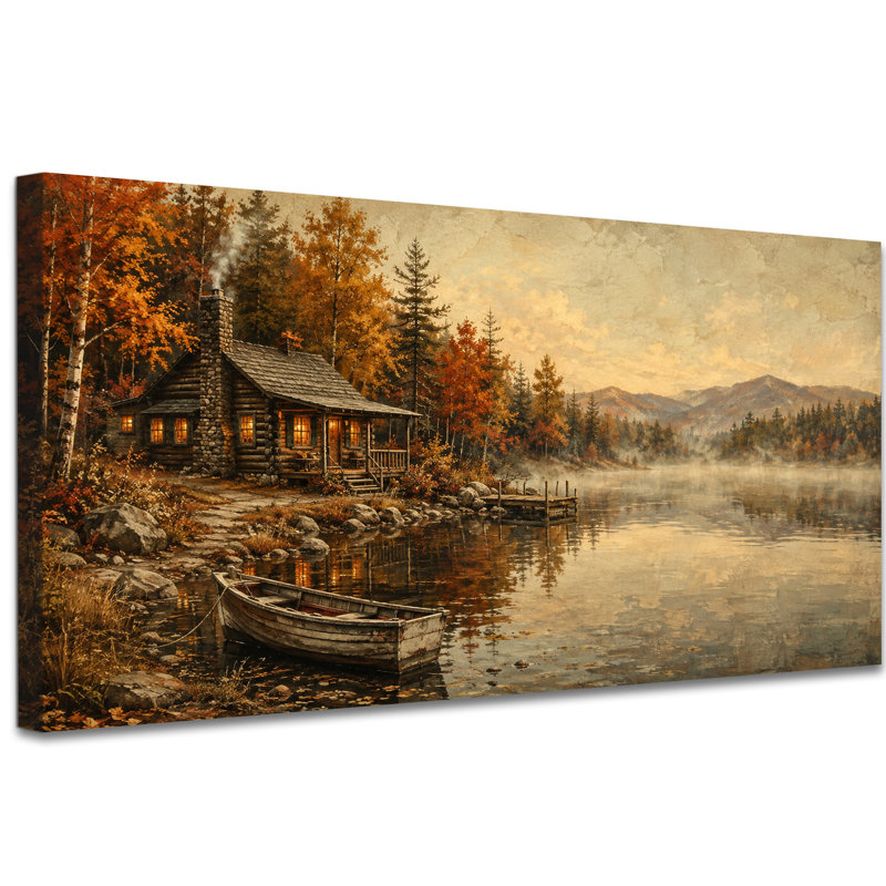 Tableau sur toile représentant un chalet au bord d'un lac, avec un quai au clair de lune et un paysage pittoresque. Parfait pour le salon, la chambre ou le bureau. Toile tendue sur châssis, prête à accrocher, 40 x 81 cm.