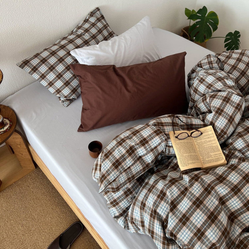 Vintage Brown and Blue Buffalo Plaid Duvet Cover Set with Pillowcases Soft Breathable Microfiber Gingham Bedding Set