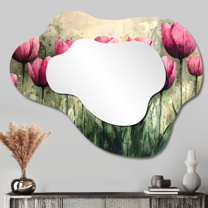 Summer Pink Hues Tulips Field Horizon - Tulips Asymmetrical Decorative Mirror, Traditional irregular Wall Mirror, Printed on Metal