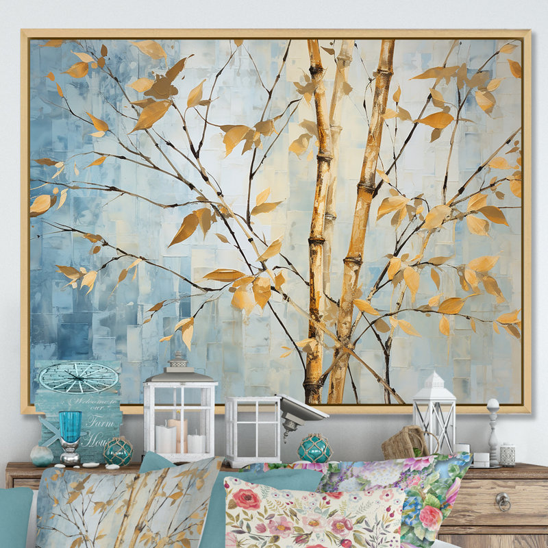 Or et bambou bleu sur toile, H 30 po x l 40 po x P 1,5 po, Cadre naturel flottant