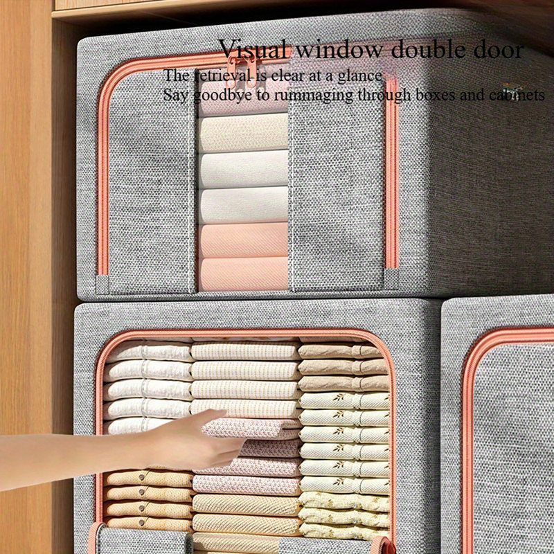 Steel Frame Storage Box, Cloth Storage Box for Quilt Storage Box Folding Wardrobe Fabric Extra Large Storage Bag with Clear Window, Sturdy Zippers(Set of 3)