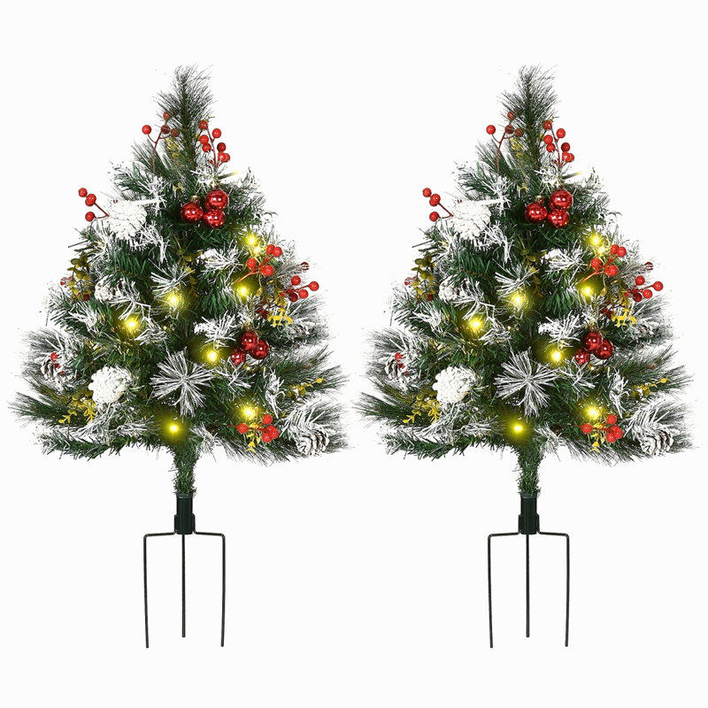 Arbre de Noël artificiel pré-éclairé 2,5 pi avec 2 branches 2,5 pi / 30 po, 70 lumières DEL blanc chaud, baies rouges, pommes de pin et boules
