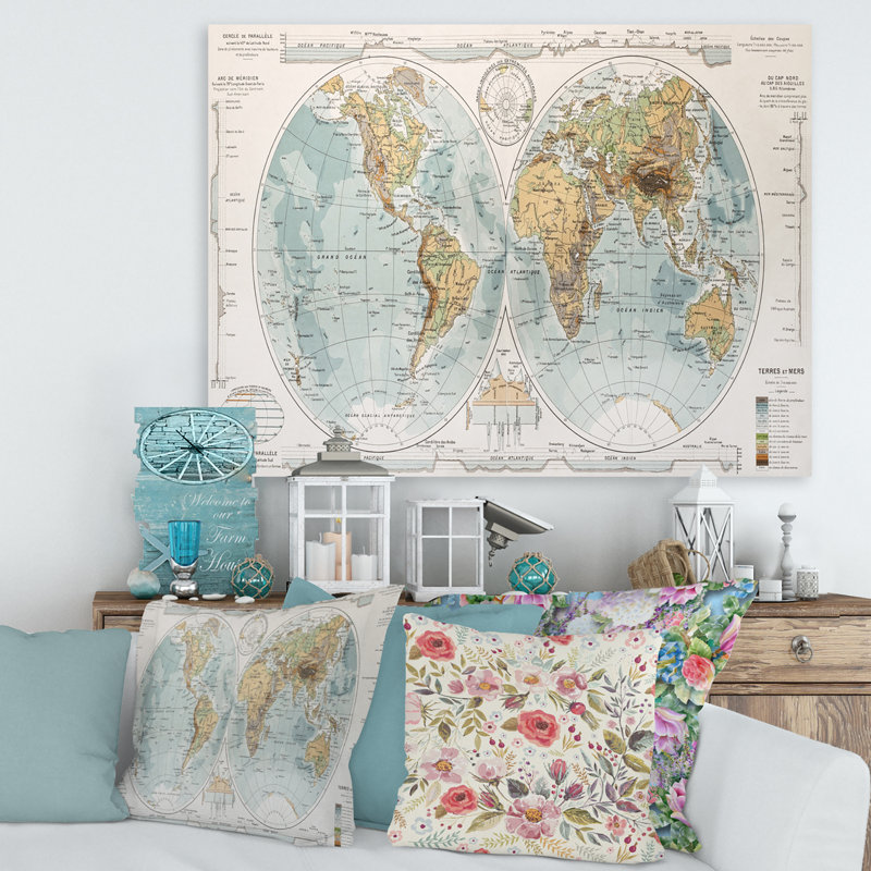 Ancienne carte du monde II - impression sur toile tendue, H 12 po x l 20 po x p 1 po