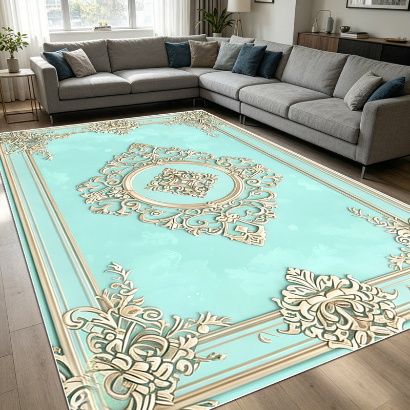 1PC Vintage Gold Baroque Embossed Floral Mint Green area rugs for Living Room, Soft and Comfortable, Suitable for all seasons, easy-to-maintain, machine washable Indoor floor mat, Under Table Farmhouse suitable for dining room, bedroom, entryway,