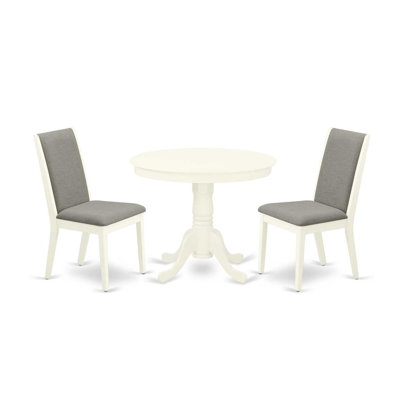 3 Piece Kitchen Table Set for Small Spaces Contains a Round Dining Table with Pedestal and 2 Shitake Linen Fabric Upholstered Chairs, Linen White