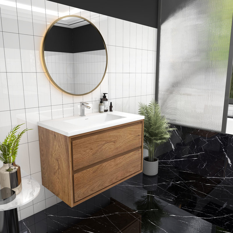 Meuble-lavabo mural 36 po Jack en chêne fumé avec évier en acrylique renforcé Jack, Chêne et teck
