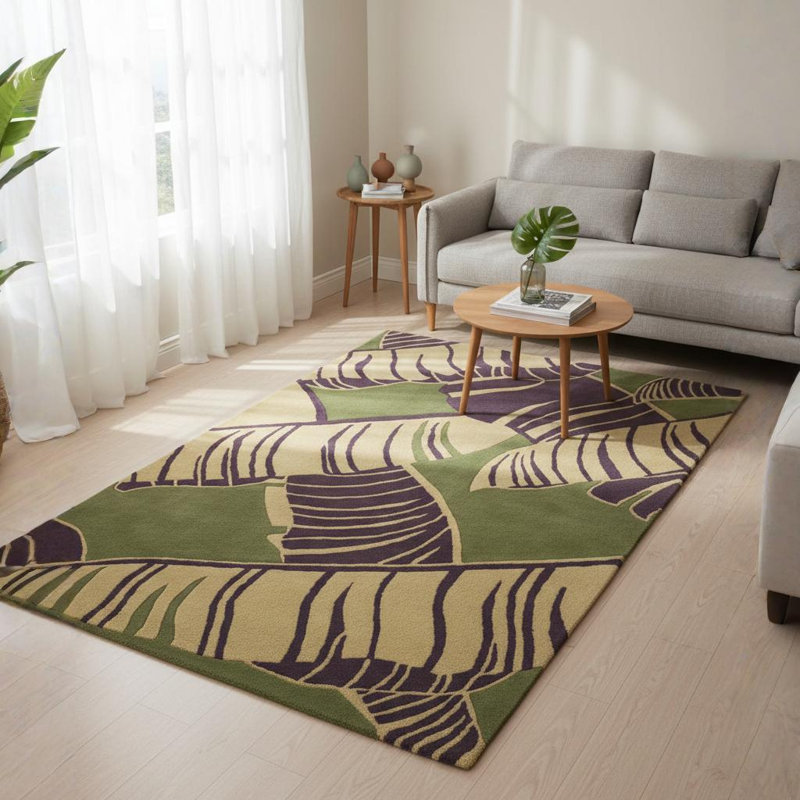 Alfred Shaheen Floral Handmade Tufted Wool Green/Purple/Beige Area Rug,  Blue/Gray/ Ivory, Rectangle 7'9" x 10'6"