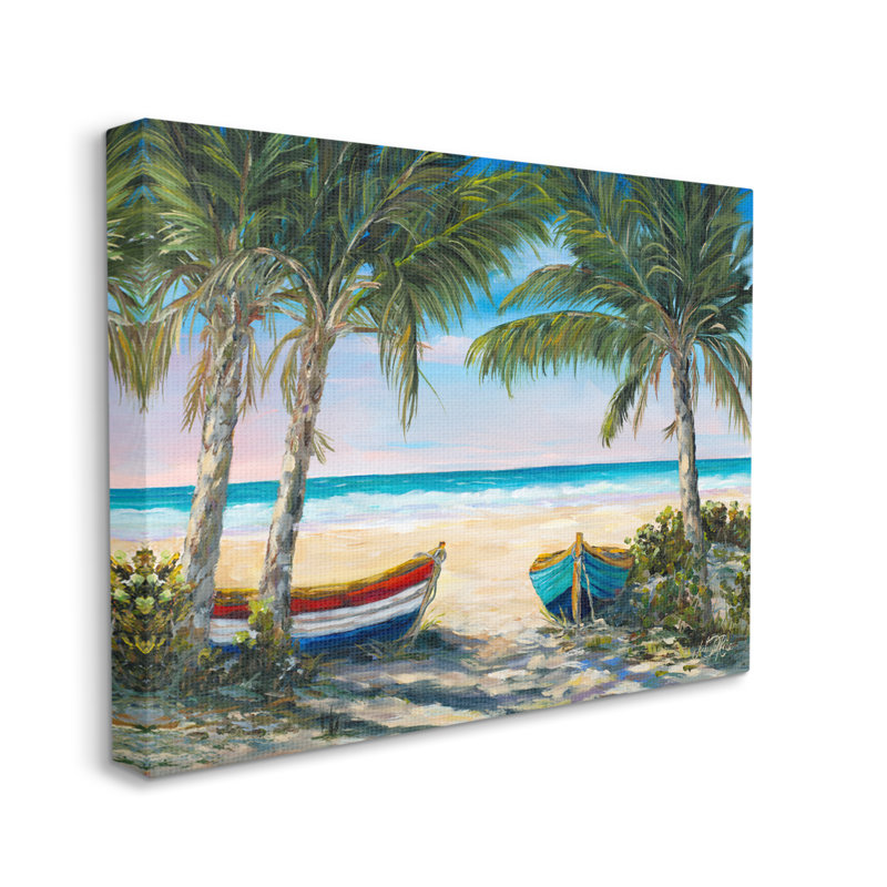 Canots à rames sur la plage, palmiers tropicaux, H 16 po x l 20 po x P 1,5 po, Toile tendue