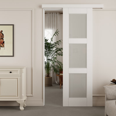 Hidden Style Track White Primed 3-Lite Frosted Glass Sliding Barn Door With Hardware Kit with Soft Close(No Assembly Required)