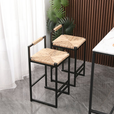 Ensemble de 2 tabourets de bar avec dossier, chaises de salle à manger à hauteur de comptoir tissées pour la cuisine et la maison