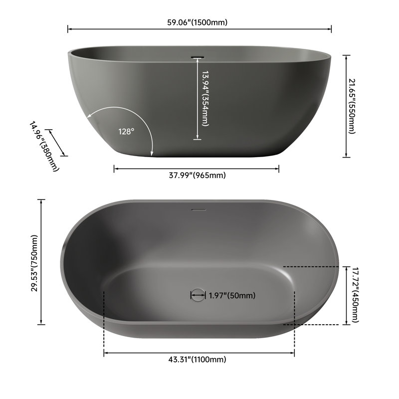 Baignoire de trempage à surface solide de 59 pouces - Baignoire profonde autoportante, Gris mat