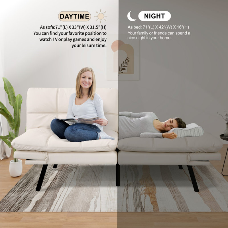 71" Folding Futon Sofa Bed, Space-Saving Loveseat To Twin Bed For Guest & Living Room, White