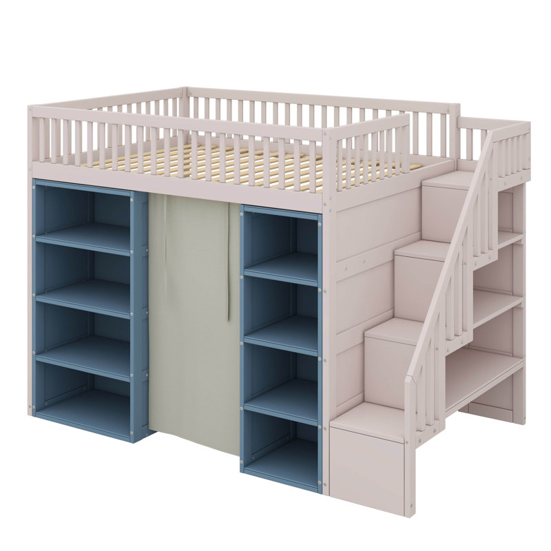 Lit mezzanine double avec 2 armoires de rangement à quatre couches et rideau