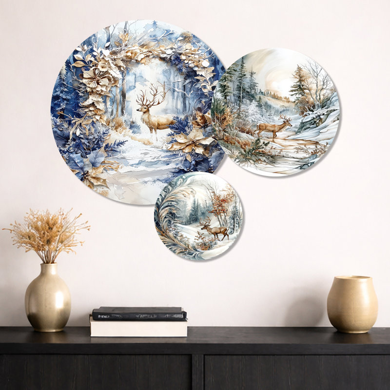 «White and Blue Deer In Christmas Woods I - Holiday», art mural en métal 3 pièces