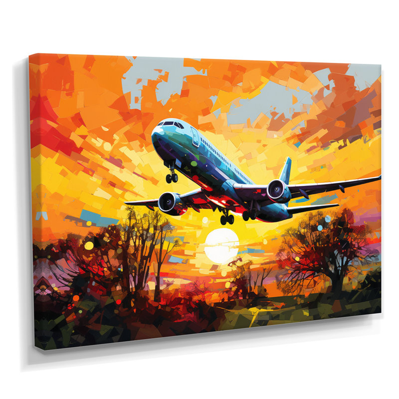 Avion qui décolle au coucher de soleil d'automne - train, reproduction d'art mural, Toile tendue, H 24 po x l 32 po x P 1 po