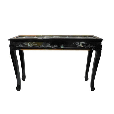 Dragon Ball and Claw Hand Painted Oriental Sofa Table in Black Lacquer and Inlaid Mother of Pearl