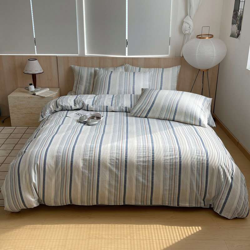Farmhouse Colorful Pinstripe Washed Cotton Duvet Cover Set, Full Duvet Cover + 2 Pillowcases, Blue/White