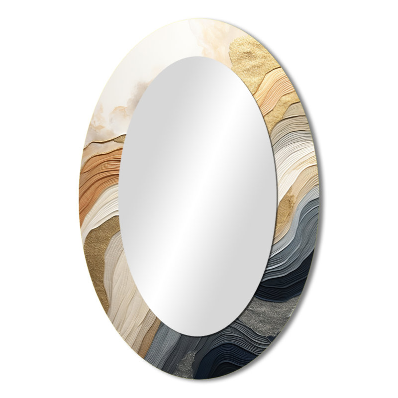 Blanc et bleu Coastal Waves Fusion - Grand miroir mural ovale sur métal, 36 po x 24 po